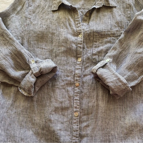 Tahari Long Striped Button Down Linen Beach Shirt Size M Pockets Dress Vacation - Picture 4 of 8